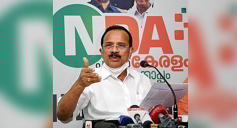 Union Minister for Chemicals and Fertilizers, D V Sadananda Gowda, speaks during a press conference  ahead of  Kerala assembly polls, in Thiruvananthapuram. (Photo | PTI)