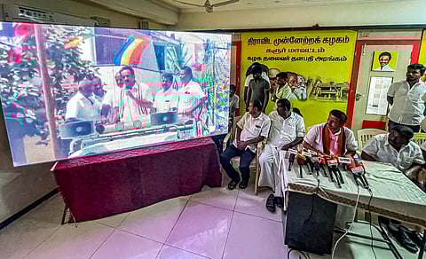 DMK's Karur candidate Senthil Balaji at the party office in Karur on Monday displaying video footage of the scuffle (Express Photo | Aravind Raj)