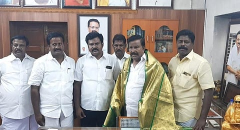 Lalgudi MNM candidate D Muralikrishnan joined the DMK in the presence of its principal secretary KN Nehru at his office in Tiruchy on Monday (Photo | Special arrangement)