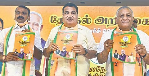 Union Minister Nitin Gadkari releases the BJP manifesto for TN elections in Chennai on Friday | martin louis