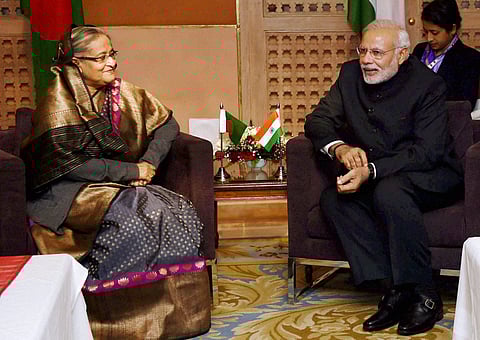 Prime Minister Narendra Modi in a meeting with his Bangladeshi counterpart Sheikh Hasina in Kathmandu. (File photo | PTI)