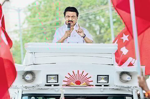 DMK president MK Stalin addresses an election rally in Thoothukudi on Monday | V Karthikalagu