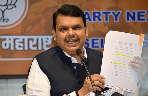 BJP leader and former Maharashtra CM Devendra Fadnavis addresses a press conference in Mumbai. (Photo | PTI)