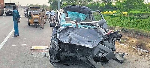 Remnants of the car that crashed into a parked truck at Abdullapurmet