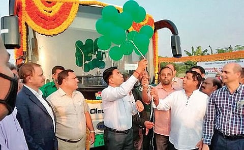 Chief Minister of Goa Pramod Sawant inaugurates one of the fifty electric buses supplied to the State by OGL on Tuesday