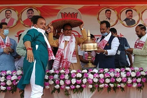 Madhya Pradesh CM Shivraj Singh Chouhan during a rally in Palasbari assembly constituency on Thursday (Photo | Twitter/@ChouhanShivraj)