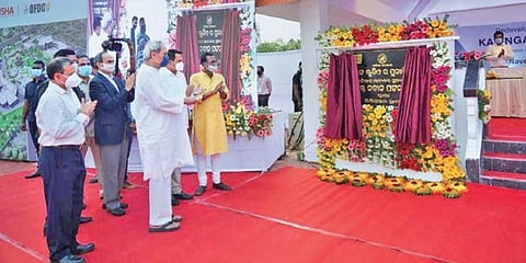 Odisha CM Naveen Patnaik lays the foundation stone at Kalinga Studio in Bhubaneswar on Thursday. (Photo | EPS)
