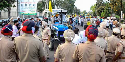 Members of the Kisan Sangharsh Committee during their protest in Patiala. (Photo | PTI)