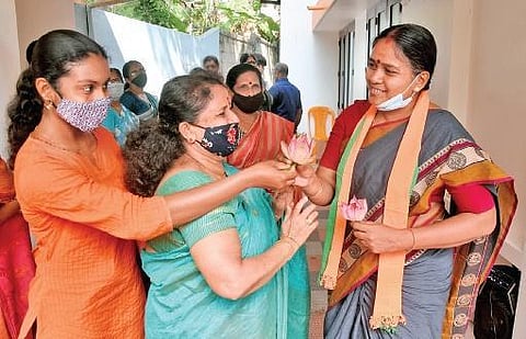 Women greet Kazhakoottam NDA candidate Sobha Surendran during campaigning at Pongummoodu on Thursday