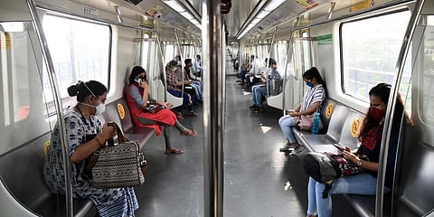 Passengers travel in a Delhi metro train maintaining social distancing. (File Photo | Parveen Negi, EPS)