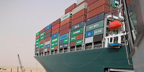 The cargo ship that is  blocking the Suez Canal. (Photo | AP)