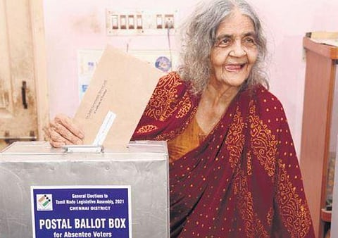 86-year-old Sripriya casts her vote in Purasawalkam, Chennai on Friday | R Satish Babu