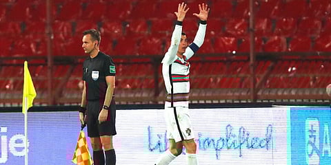 Portugal's Cristiano Ronaldo reacts after his goal was ruled out during the World Cup 2022 group A qualifying match against Serbia. (Photo | AP)