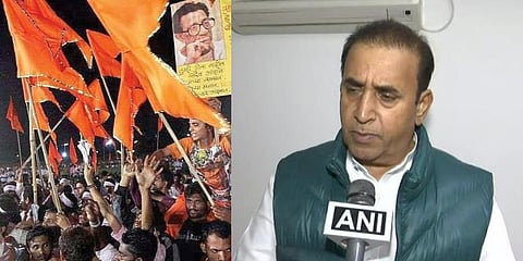(L) Shiv Sena flags and (R) Maharashtra Home Minister Anil Deshmukh (Photo | ANI)