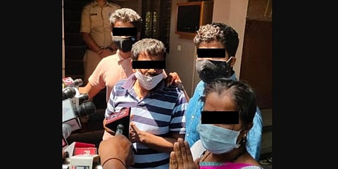 Family members of the woman speaking to reporters in Belagavi on Monday. (Photo | EPS)