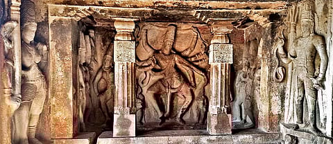 Matrika group carved along with the Siva-Nataraja family in the Ravanphadi rock-cut shrine in Karnataka’s Aihole