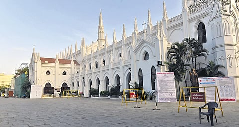 Santhome Church in Mylapore wearing a deserted look in March last year. (Photo | EPS)