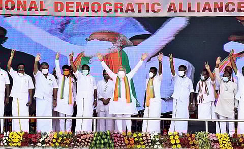Prime Minister Narendra Modi during a public meeting as part election campaign in support of their NDA allied candidates, ahead of Tamil Nadu assembly polls, at Dharapuram. (Photo | A Raja Chidambaram