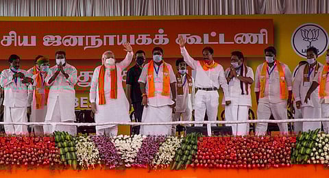 Prime Minister Narendra Modi at an election rally in Puducherry on Tuesday (Photo: G Pattabiraman)