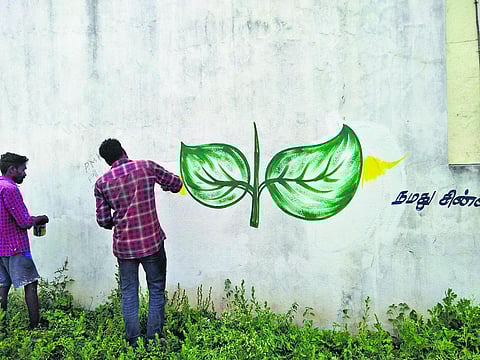 Both Gopi and Jack earn Rs 500 each per house for painting the logo of the party with the shades of the allied parties’ flags and a text asking to vote for the party. (Photo | EPS)