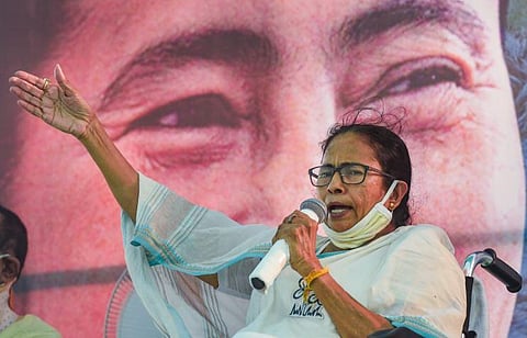 West Bengal Chief Minister Mamata Banerjee addresses a rally on the last day of the campaign for the 2nd phase of Assembly elections, in Nandigram. (Photo | PT)