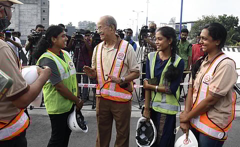 Metroman E Sreedharan during the inspection of the reconstructed Palarivattom Flyover in Kochi on Thursday (Photo | Albin Mathew)