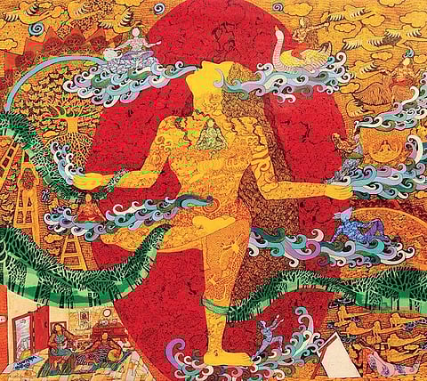 Seema Kohli’s artwork ‘Shakti’ from her ‘Hiranyagarbha—the Golden Womb’ series, which is on the cover of the book