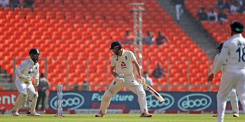 England's Dom Sibley is bowled out by India's Axar Patel. (Photo | AP)