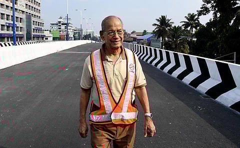 Metroman E Sreedharan during the inspection of the reconstructed Palarivattom Flyover in Kochi on Thursday (Photo | Albin Mathew)
