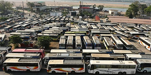 APSRTC buses parked at PNBS in Vijayawada  (Photo | Prasant Madugula, EPS)