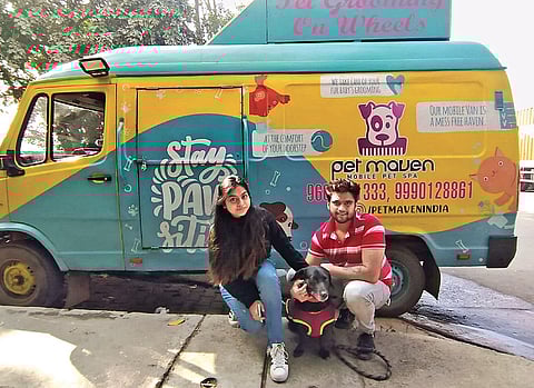 Co-Founders of Pet Maven, Charu Relhan and Vaibhav Sharma, with their pet grooming mobile van