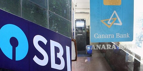 Logos of SBI (L) and Canara Bank 