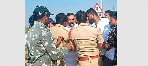BJP’s Dubbaka Mla M Raghunandan Rao, who was on his way to Mallanna Sagar project site, argues with the police personnel in Siddipet on Friday
