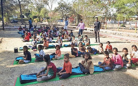 Painted with colourful messages by the Mission Muktidham team, the walls of the cremation ground also serve as blackboards for children who are mostly residents of nearby slums | Express