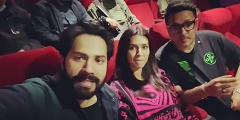 Varun Dhawan (L), Kriti Sanon and filmmaker Dinesh Vijan at the screening of 'Roohi' (Photo| Instagram/ @varundvn)