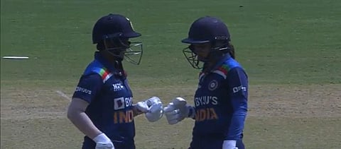 Deepti Sharma (L) congratulates Mithali Raj for the latter's half century. (Photo| BCCI)