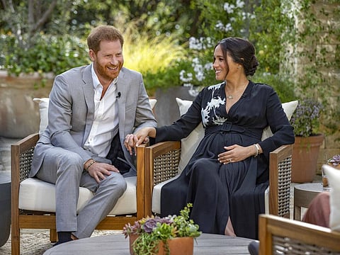Prince Harry, left, and Meghan, Duchess of Sussex, speaking about expecting their second child during an interview with Oprah Winfrey. (Photo | AP)