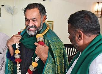 Swaraj India president Yogendra Yadav attends a press conference, in Bengaluru on Sunday. (Photo | Shriram BN, EPS)