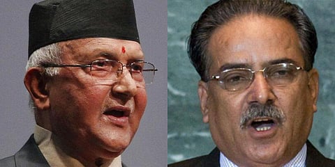 Nepal PM KP Sharma Oli (L) and CPM-Maoist Center leader Pushpa Kamal Dahal Prachanda. (File photo| PTI)