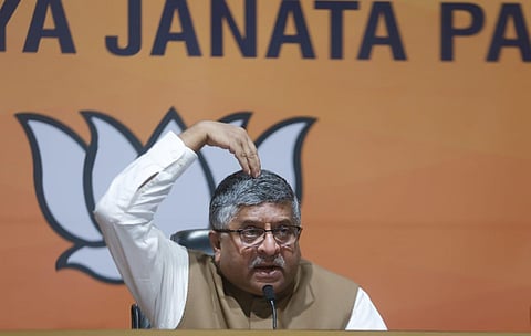 Senior BJP leader Ravi Shankar Prasad addresses a press conference at the party headquarters in New Delhi on Tuesday. (Photo | Shekhar Yadav, EPS)
