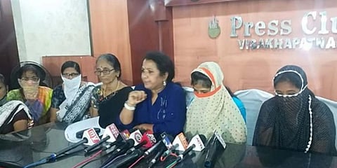 K Padma of Mahila Chetana addressing the media along with two complainants in Vizag (Photo | EPS)