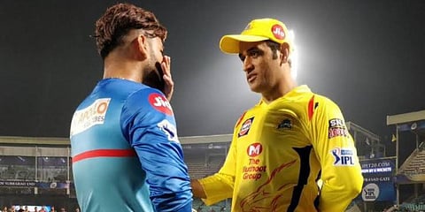Delhi Capitals skipper Rishabh Pant (L) and Chennai Super Kings counterpart MS Dhoni. (Photo| Twitter)