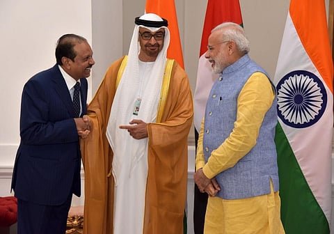 Yusuffali MA with UAE crown prince and PM Modi (Photo | Yusuffali MA, Twitter)