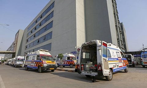 Ambulances lined up outside the COVID-19 ward at Government Civil Hospital, in Ahmedabad. (Photo | PTI)