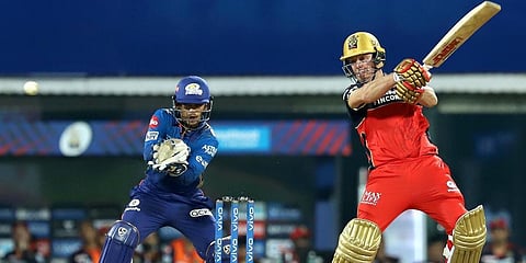 AB de Villiers plays a shot during IPL 2021 match between Mumbai Indians and RCB. (Photo | PTI)