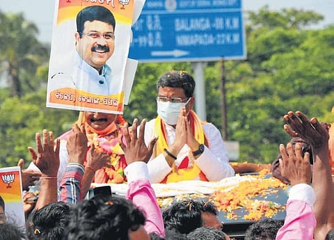 Union Minister Dharmendra Pradhan campaigning in Pipili on Tuesday | Express