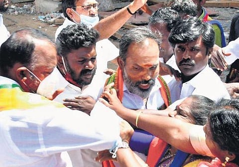 VCK cadre stopped BJP partymen from garlanding a statue of BR Ambedkar in Madurai on Wednesday | KK sundar