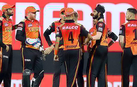 Sunrisers Hyderabad celebrates the wicket of Rohit Sharma during match against Mumbai Indians at the M. A. Chidambaram Stadium in Chennai, Saturday, April 17, 2021. (Photo | PTI)
