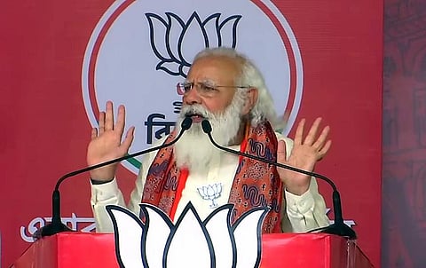 Prime Minister Narendra Modi addresses during an election public rally in West Bengal. (Photo | ANI)