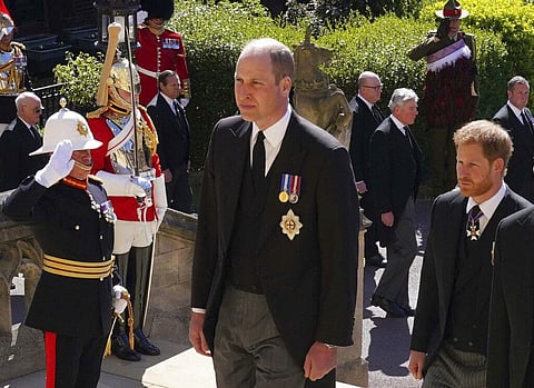 UK's Prince William and Prince Harry follow the coffin into St George's Chapel during the procession of Britain Prince Philip's funeral at Windsor Castle, Windsor, England, Saturday. (Photo | AP)